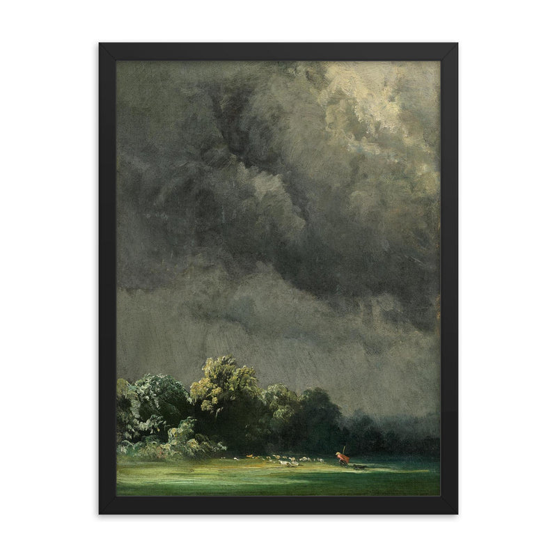 Storm-Ridden Landscape by Robert Zünd, 1854 framed print on a plain backdrop in size 18