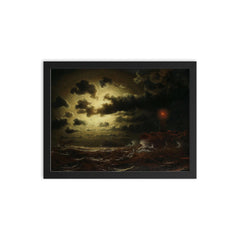 Stormy Sea at Lighthouse by Marcus Larson, 1859 framed print on a plain backdrop in size 12"x16".