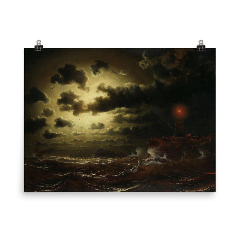 Stormy Sea at Lighthouse by Marcus Larson, 1859 poster on a plain backdrop in size 8