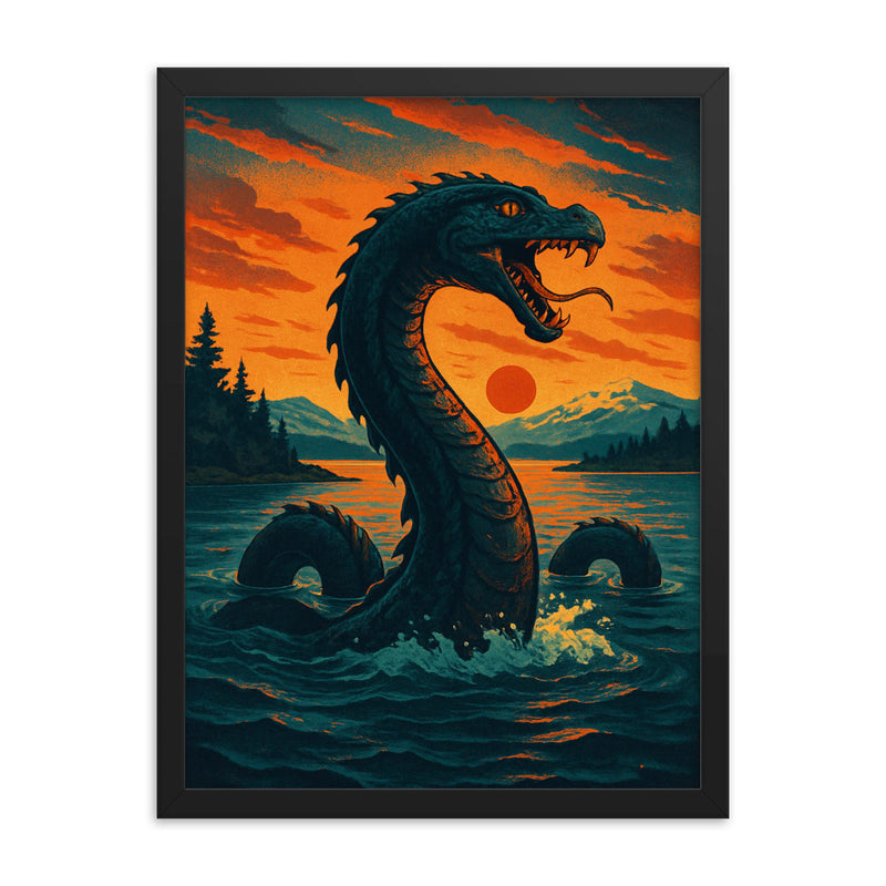 Storsjön Storsie Monster Sweden framed print on a plain backdrop in size 18