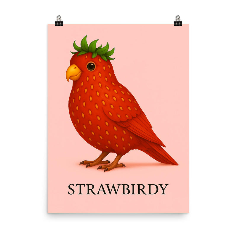 Strawbirdy - a bird crossed with a strawberry poster on a plain backdrop in size 8