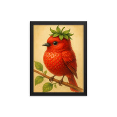 Strawbirdy (a bird crossed with a strawberry) framed print on a plain backdrop in size 12"x16".