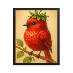 Strawbirdy (a bird crossed with a strawberry) framed print on a plain backdrop in size 16"x20".