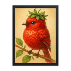 Strawbirdy (a bird crossed with a strawberry) framed print on a plain backdrop in size 18"x24".