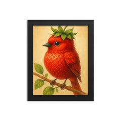 Strawbirdy (a bird crossed with a strawberry) framed print on a plain backdrop in size 8"x10".
