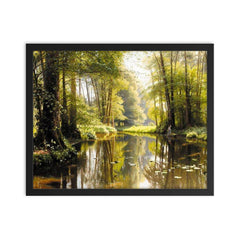 Streaming in the Woods by Peder Mork Monsted, 1911 framed print on a plain backdrop in size 16"x20".