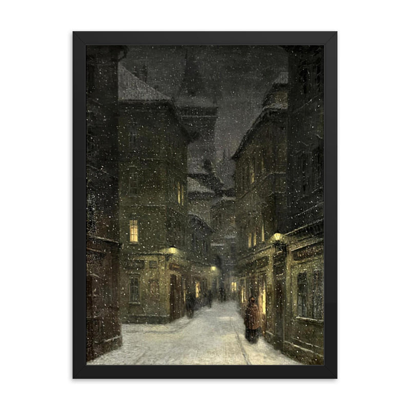 Street in the Evening, Prague by Jakub Schikaneder framed print on a plain backdrop in size 18