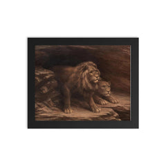 Study of Lions by M C Fehr framed print on a plain backdrop in size 8"x10".