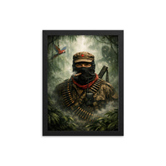 Subcomandante Marcos beneath jungle mist framed print on a plain backdrop in size 12"x16".