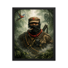 Subcomandante Marcos beneath jungle mist framed print on a plain backdrop in size 16"x20".