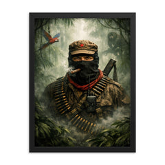 Subcomandante Marcos beneath jungle mist framed print on a plain backdrop in size 18"x24".