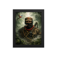 Subcomandante Marcos beneath jungle mist framed print on a plain backdrop in size 8"x10".