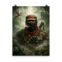 Subcomandante Marcos beneath jungle mist poster on a plain backdrop in size 8"x10".