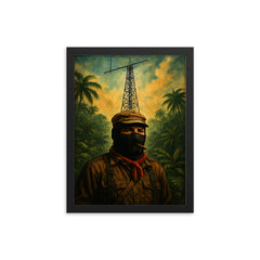Subcomandante Marcos beneath jungle radio antenna framed print on a plain backdrop in size 12"x16".