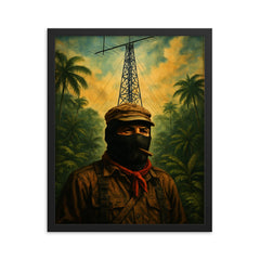 Subcomandante Marcos beneath jungle radio antenna framed print on a plain backdrop in size 16"x20".