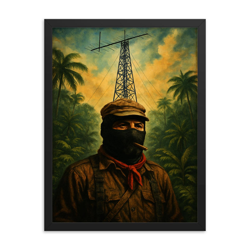 Subcomandante Marcos beneath jungle radio antenna framed print on a plain backdrop in size 18