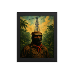 Subcomandante Marcos beneath jungle radio antenna framed print on a plain backdrop in size 8"x10".
