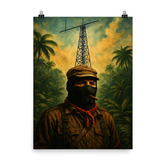 Subcomandante Marcos beneath jungle radio antenna poster on a plain backdrop in size 8"x10".