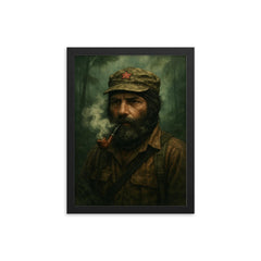 Subcomandante Marcos in jungle mist and pipe smoke framed print on a plain backdrop in size 12"x16".