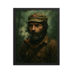 Subcomandante Marcos in jungle mist and pipe smoke framed print on a plain backdrop in size 16"x20".