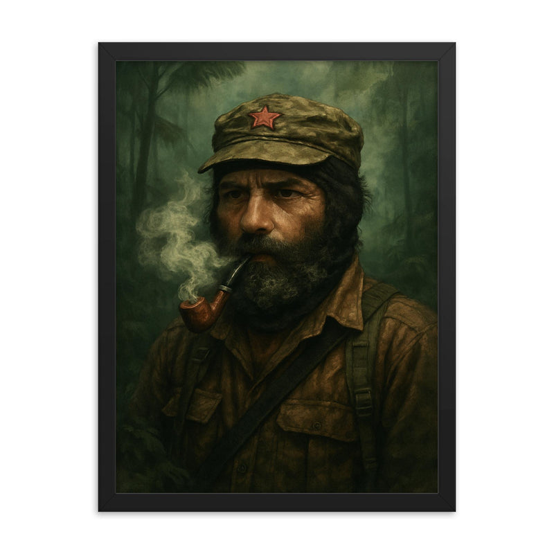 Subcomandante Marcos in jungle mist and pipe smoke framed print on a plain backdrop in size 18