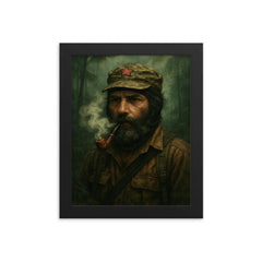 Subcomandante Marcos in jungle mist and pipe smoke framed print on a plain backdrop in size 8"x10".