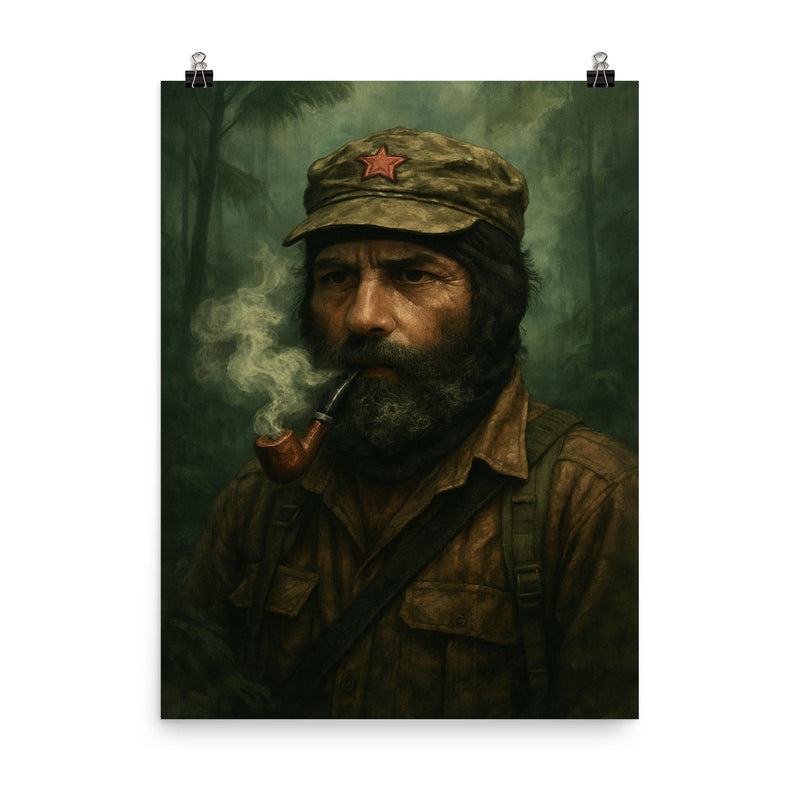Subcomandante Marcos in jungle mist and pipe smoke poster on a plain backdrop in size 8