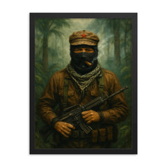 Subcomandante Marcos in jungle mist framed print on a plain backdrop in size 18"x24".