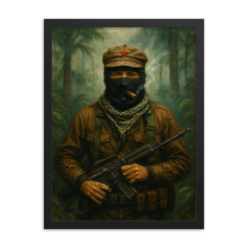 Subcomandante Marcos in jungle mist framed print on a plain backdrop in size 18