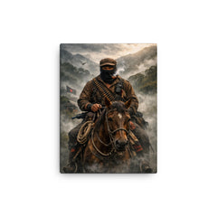 Subcomandante Marcos on horseback in Chiapas mist canvas print on a plain backdrop in size 12"x16".