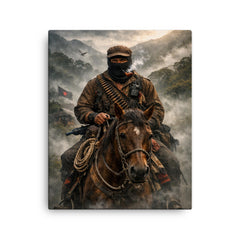 Subcomandante Marcos on horseback in Chiapas mist canvas print on a plain backdrop in size 16"x20".