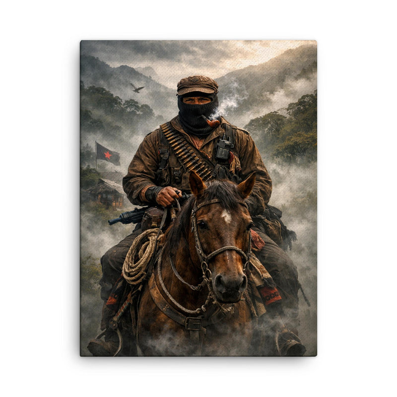 Subcomandante Marcos on horseback in Chiapas mist canvas print on a plain backdrop in size 18
