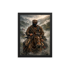 Subcomandante Marcos on horseback in Chiapas mist framed print on a plain backdrop in size 12"x16".