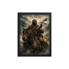 Subcomandante Marcos on horseback in Chiapas mist framed print on a plain backdrop in size 12"x16".