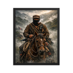Subcomandante Marcos on horseback in Chiapas mist framed print on a plain backdrop in size 16"x20".