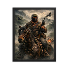 Subcomandante Marcos on horseback in Chiapas mist framed print on a plain backdrop in size 16"x20".