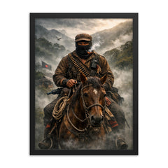 Subcomandante Marcos on horseback in Chiapas mist framed print on a plain backdrop in size 18"x24".