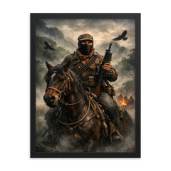 Subcomandante Marcos on horseback in Chiapas mist framed print on a plain backdrop in size 18"x24".