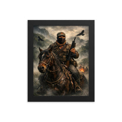 Subcomandante Marcos on horseback in Chiapas mist framed print on a plain backdrop in size 8"x10".