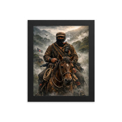 Subcomandante Marcos on horseback in Chiapas mist framed print on a plain backdrop in size 8"x10".