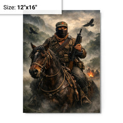 Subcomandante Marcos on horseback in Chiapas mist metal print on a plain backdrop in size 12"x16".