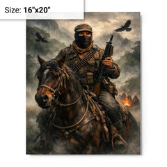 Subcomandante Marcos on horseback in Chiapas mist metal print on a plain backdrop in size 16"x20".