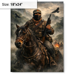 Subcomandante Marcos on horseback in Chiapas mist metal print on a plain backdrop in size 18"x24".