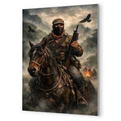 Subcomandante Marcos on horseback in Chiapas mist metal print mockup