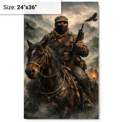 Subcomandante Marcos on horseback in Chiapas mist metal print on a plain backdrop in size 24"x36".