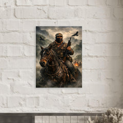 Subcomandante Marcos on horseback in Chiapas mist metal print mockup