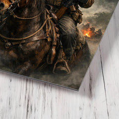 Subcomandante Marcos on horseback in Chiapas mist metal print mockup