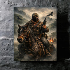 Subcomandante Marcos on horseback in Chiapas mist metal print mockup