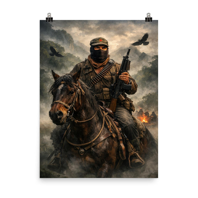 Subcomandante Marcos on horseback in Chiapas mist poster on a plain backdrop in size 8