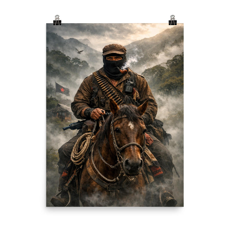 Subcomandante Marcos on horseback in Chiapas mist poster on a plain backdrop in size 8